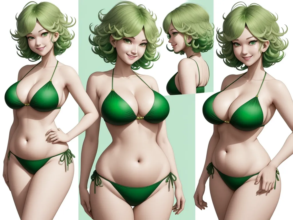 a woman in a green bikini poses for a picture in three different poses, including the breast and the head, by Akira Toriyama