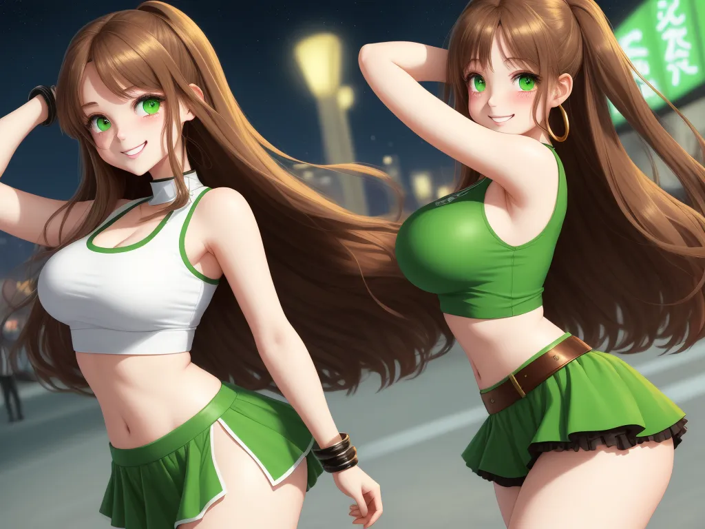 ai that creates any picture - a girl in a green and white outfit is posing for a picture in the street at night time with her hair blowing in the wind, by Toei Animations