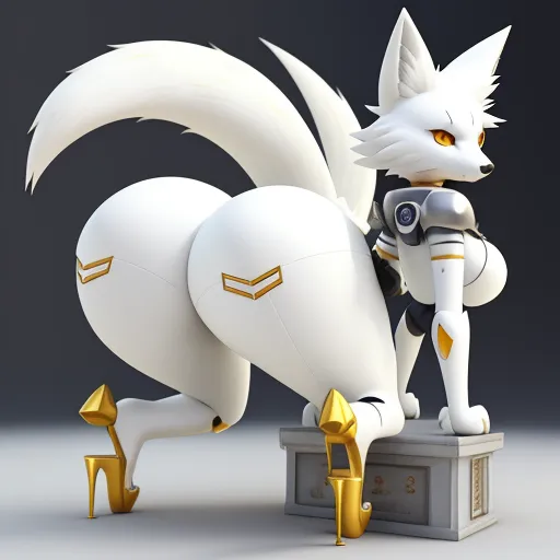 a white cat with gold accents standing on a pedestal next to a white bird with gold legs and tail, by Toei Animations