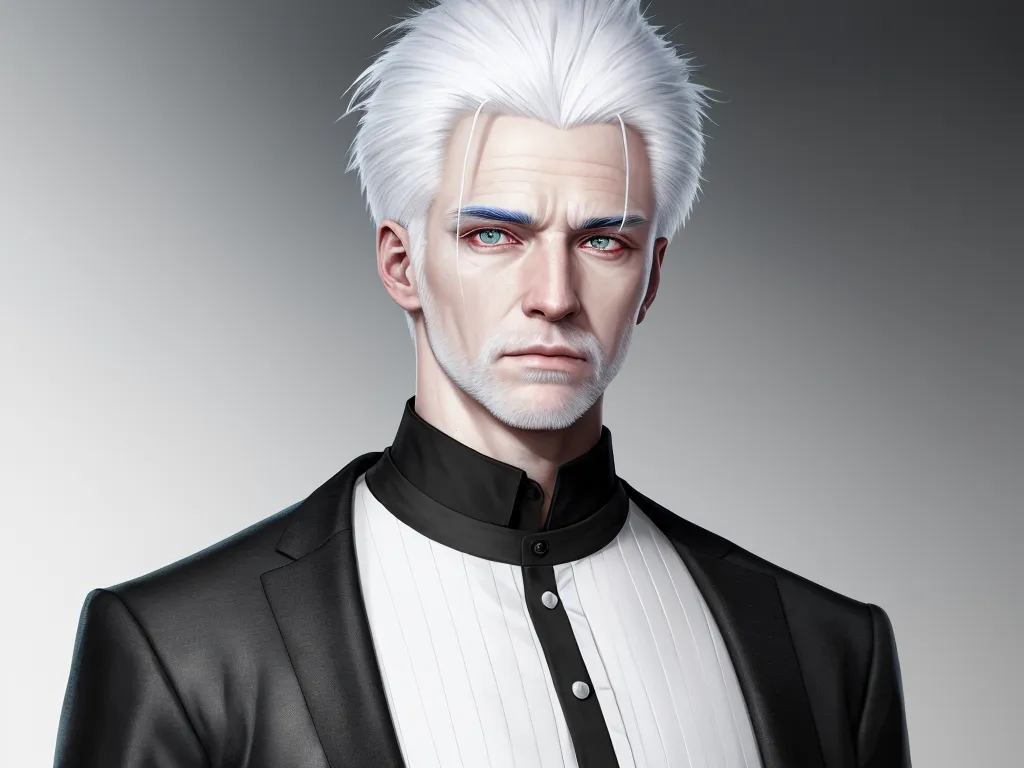 a man with white hair and a black suit and tie on a gray background with a white background and a black and white collar, by Lois van Baarle