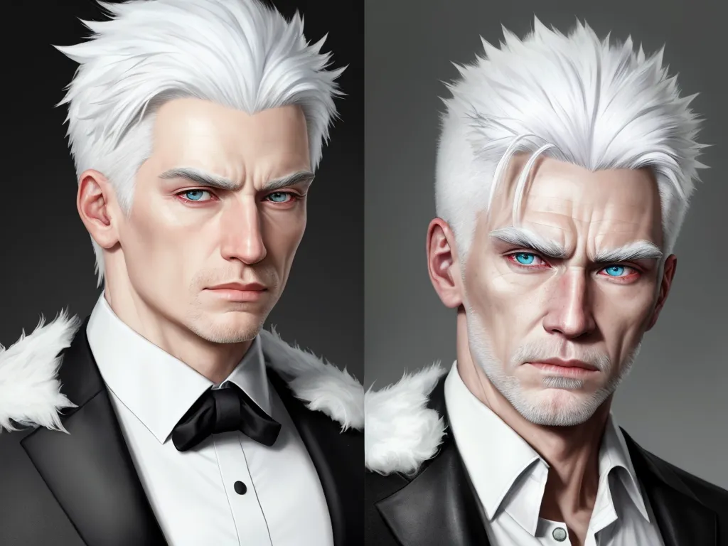 two different pictures of a man with white hair and blue eyes, one of which is wearing a suit, by Bakemono Zukushi