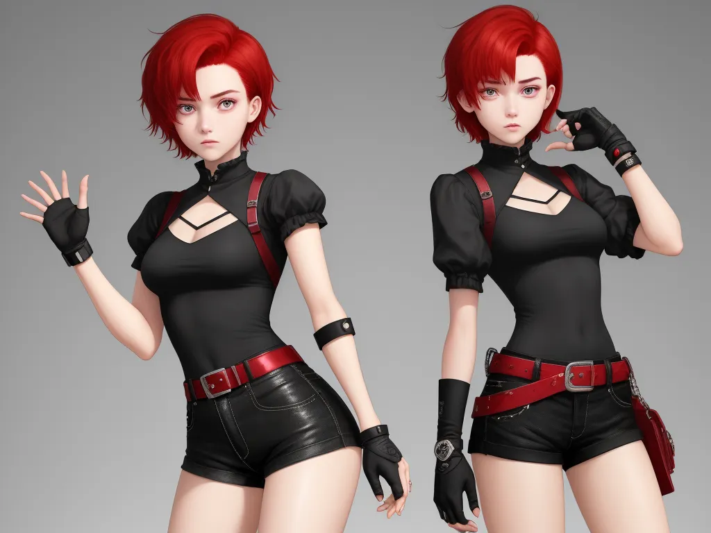 free ai text to image - a woman in a black outfit with red hair and gloves on her shoulder and a hand in her other hand, by Bakemono Zukushi