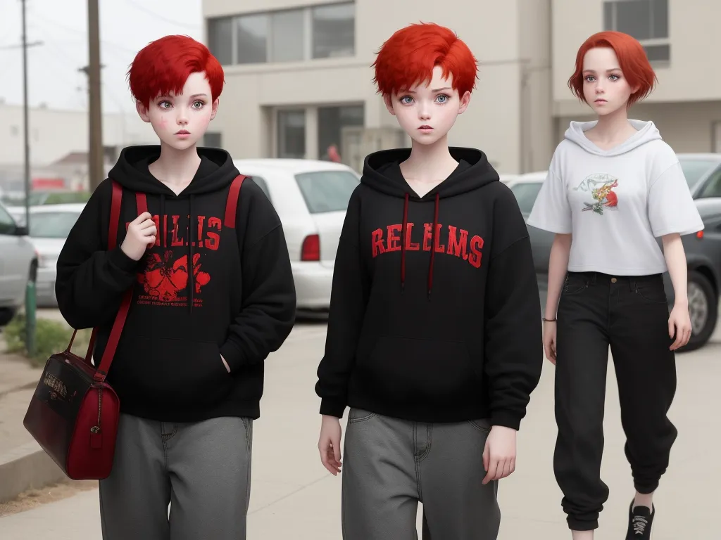 three young women with red hair walking down a sidewalk together in matching sweatshirts and pants, with a handbag in the other hand, by Sailor Moon
