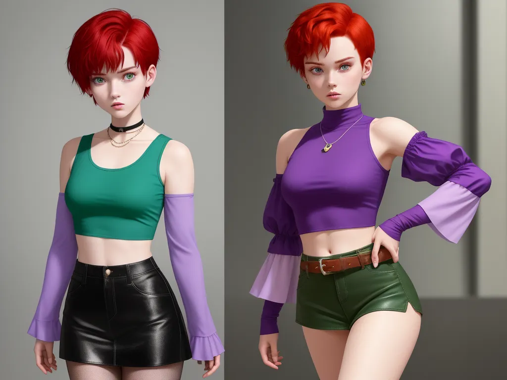 two different images of a woman with red hair and green top and black leather shorts, both of which are wearing purple and green, by Akira Toriyama