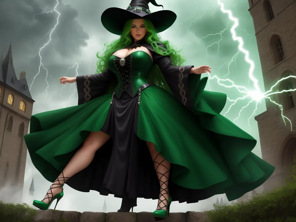 increase image resolution - a woman dressed in a green dress and hat with a green hair and green shoes and a black hat, by Hanna-Barbera