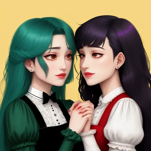 high quality pictures online - two women with green hair and black hair are standing next to each other, one is holding her hand, by Sailor Moon