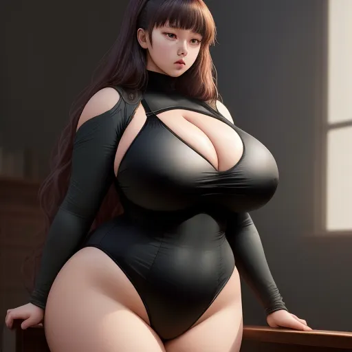 convert photo to 4k quality - a woman in a black bodysuit posing for a picture with her big breast and large breasts, with a window behind her, by Terada Katsuya