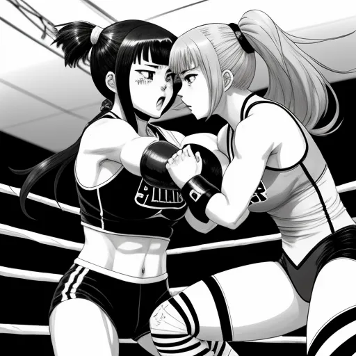 convert photo into 4k - two women boxing in a ring with one woman wearing a black and white outfit and the other in a black and white outfit, by Gatōken Shunshi