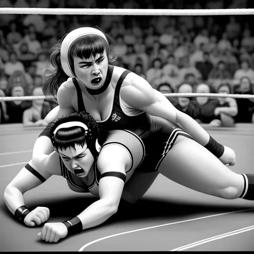 make picture higher resolution - a woman wrestling while another woman watches from the sidelines of a wrestling ring in a black and white photo, by Chris Van Allsburg