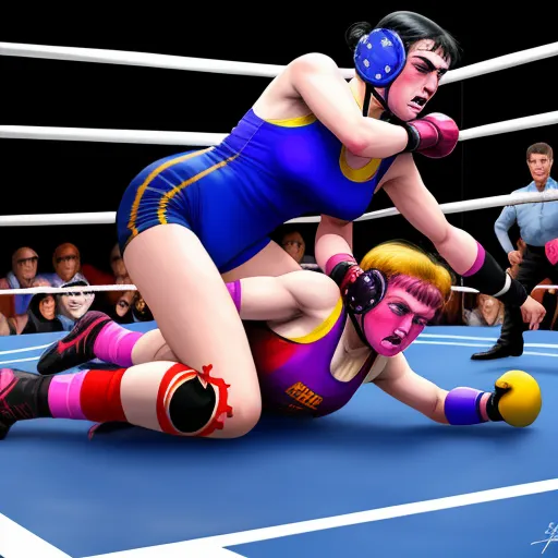 ai generated images from text - a woman wrestling a wrestler in a ring with a referee watching her from the sidelines of the ring, by Rebecca Sugar
