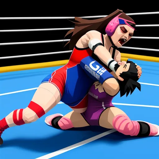 low quality picture - a woman wrestling a wrestler on a blue wrestling ring in a cartoon style image with a pink helmet and a red and blue wrestling outfit, by Gatōken Shunshi