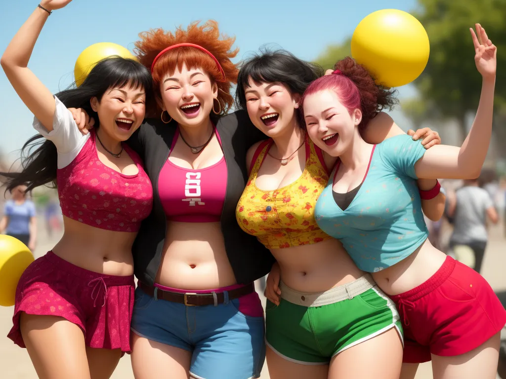 free ai text to image generator - a group of women in bathing suits holding balloons and posing for a picture together in the street with a man in the background, by Akira Toriyama
