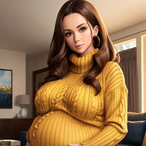 how to change image resolution - a pregnant woman in a yellow sweater poses for a picture in a living room with a blue couch and a painting of a house, by Terada Katsuya