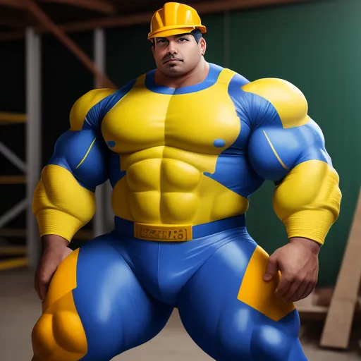 a man in a yellow and blue costume is posing for a picture in a warehouse area with a ladder, by Hanna-Barbera