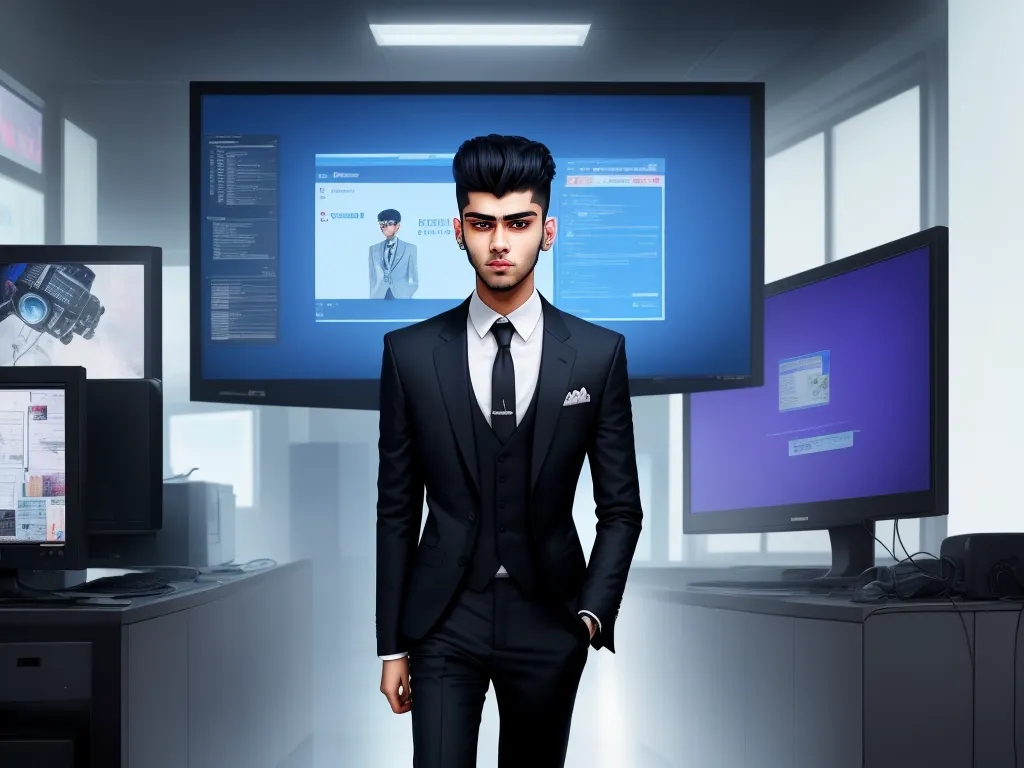 a man in a suit standing in front of a computer screen with a camera on it and a monitor behind him, by Lois van Baarle