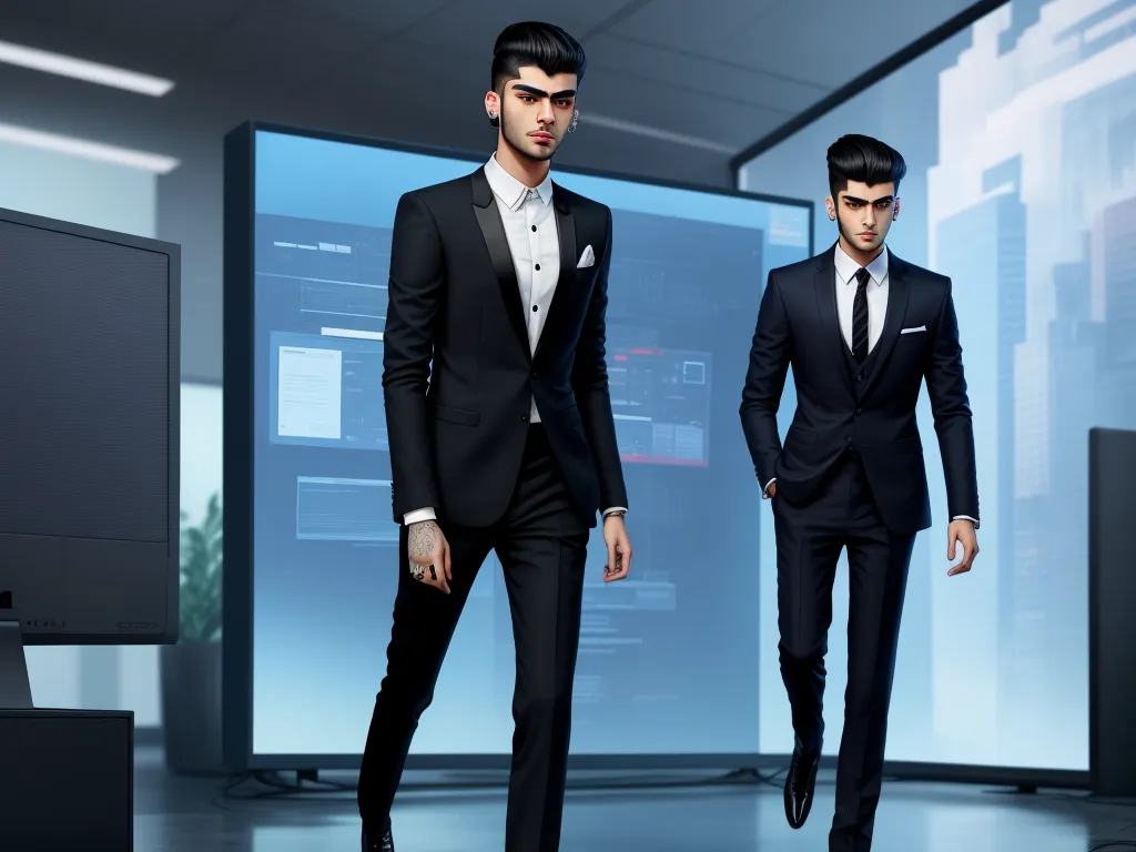 two men in suits are walking in a room with a tv on the wall behind them and a large screen behind them, by Lois van Baarle