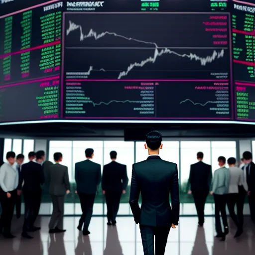 a man in a suit looking at a large screen with stock prices on it in a large room with people, by Adam Martinakis