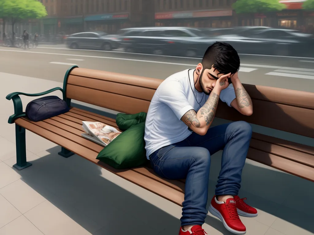 4k image - a man sitting on a bench with his hands to his face and a bag on his lap, in front of him, by Lois van Baarle