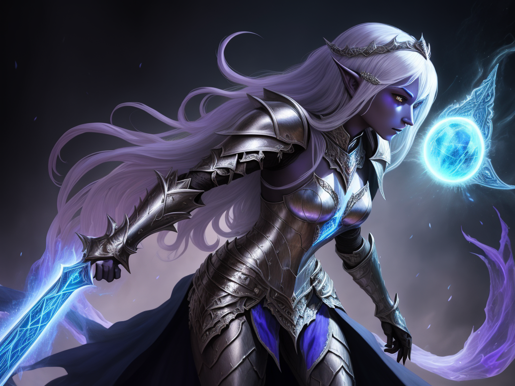 Photo ai software: 1 female drow knight in silver draconic armor,