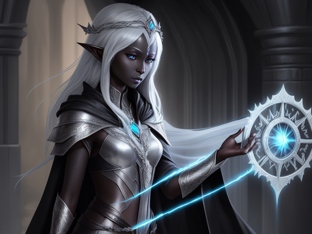 1080 p image: 1 solo female drow elf scholar, sensual, black