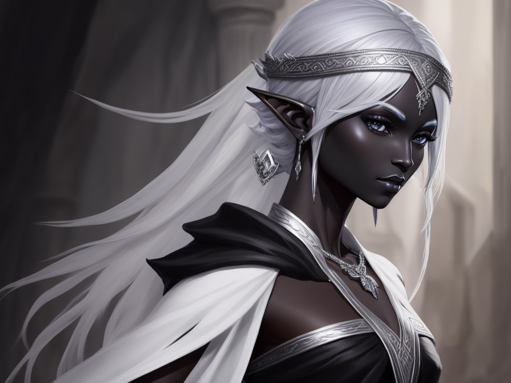 1080p picture: 1 solo female drow elf, black skin, full figure,