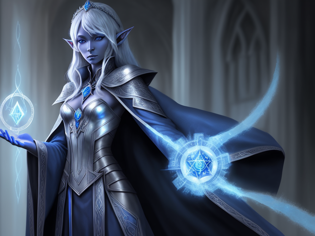 1080p pictures: 1 solo female drow elf magician, deep blue robes