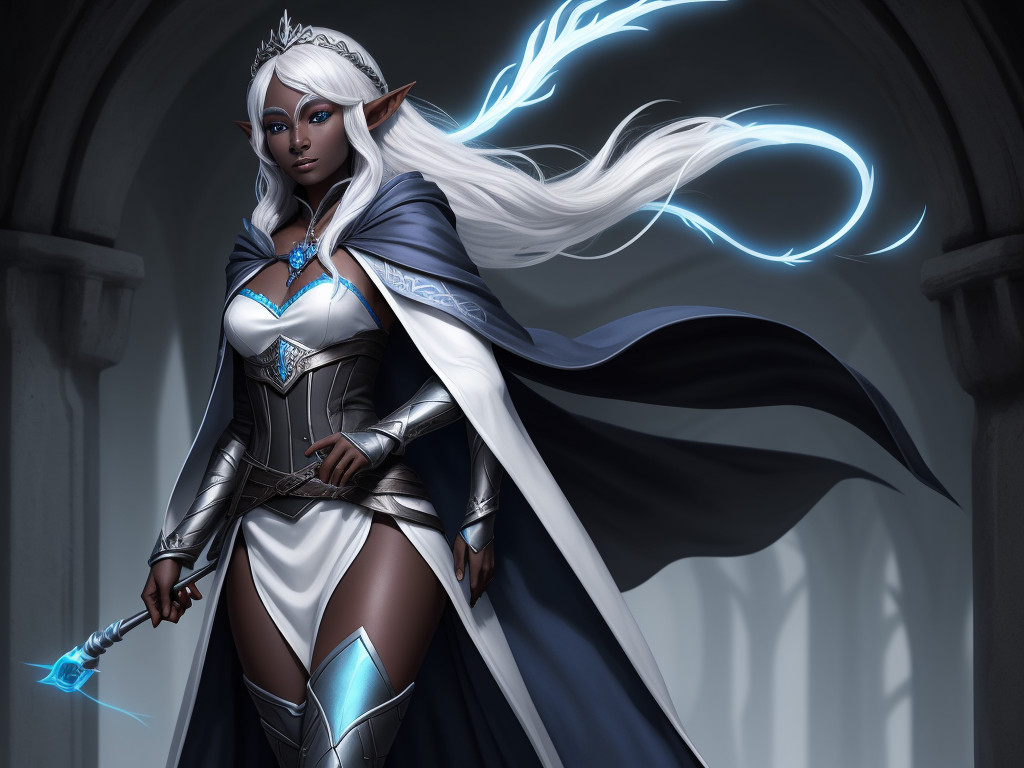 2k photo upload: 1 solo female drow elf adventurer, black skin,