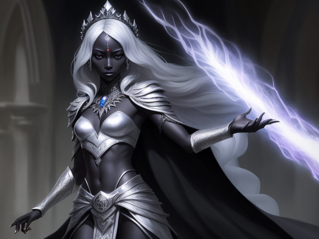 8k image: 1 solo female drow scholar, black skin, silver