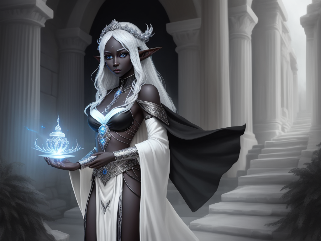 ai creating images: 1 solo female drow elf, greek robes, black skin,