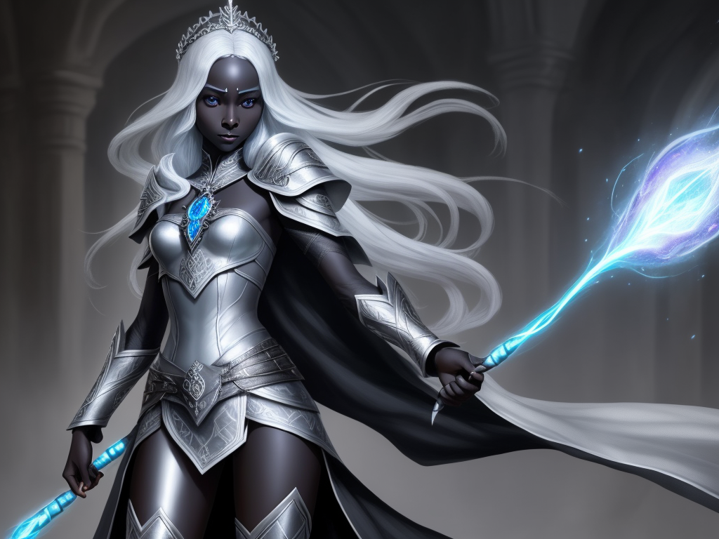 ai image generator: 1 solo female drow cleric, black skin, silver