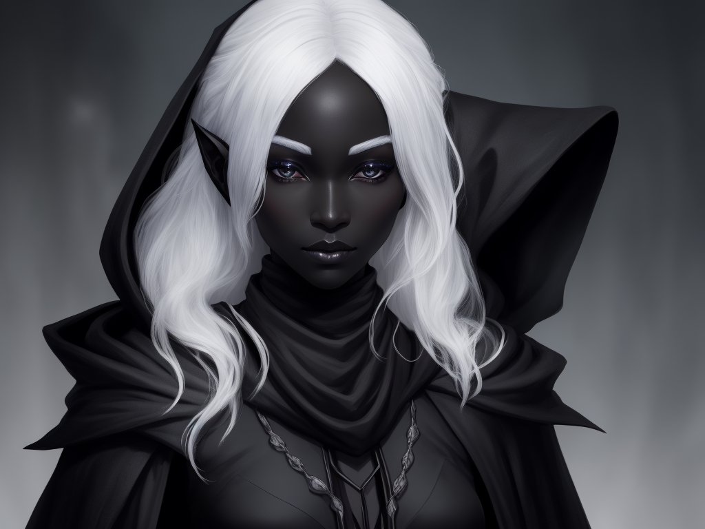 ai image generator from text: 1 solo female drow, black skin, white ...