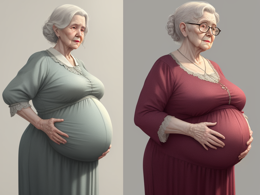 ai pics: Heavily Maternity belly, elderly granny, side view