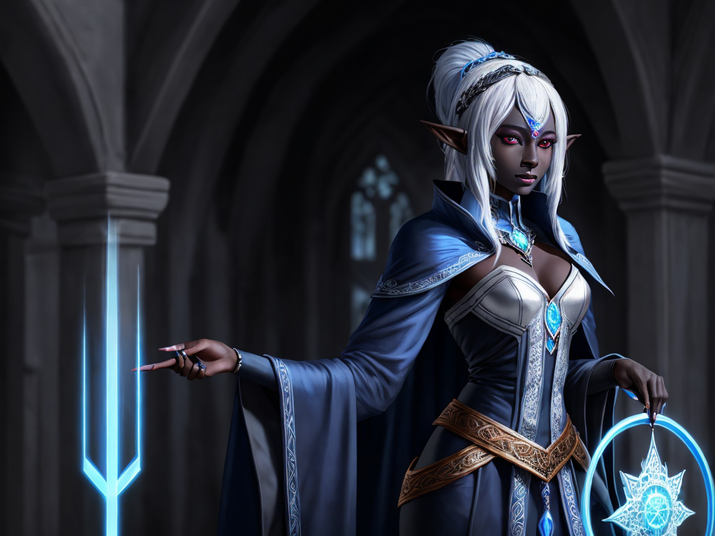 a.i. pictures: one cute female drow elf, black skin, full