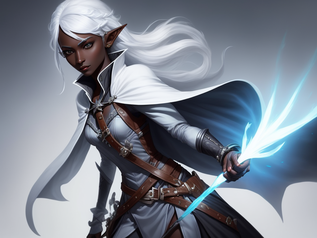 ai upscale image: 1 solo female drow elf swashbuckler, black skin,