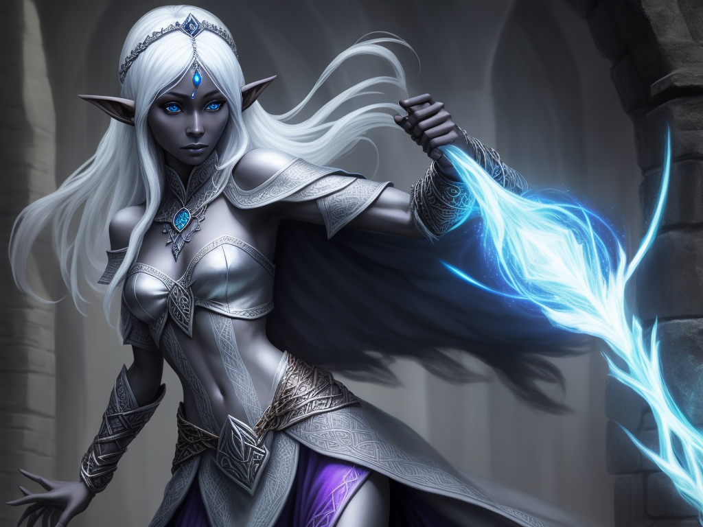 ai upscaler: 1 solo female drow elf wizard, full figure,