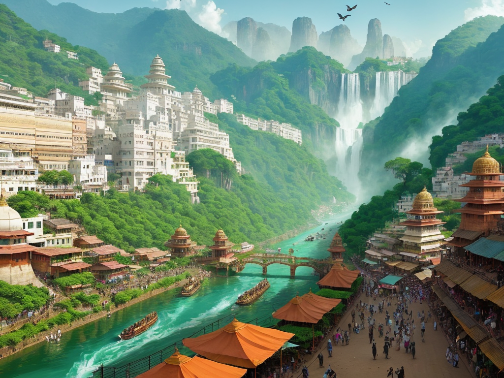 ai hd An ancient Indian city with lush greenery,