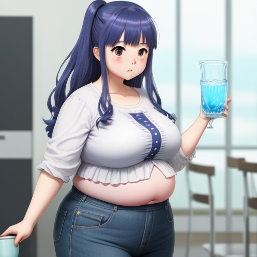 hi res pic: an anime girl who gained a massive fat belly