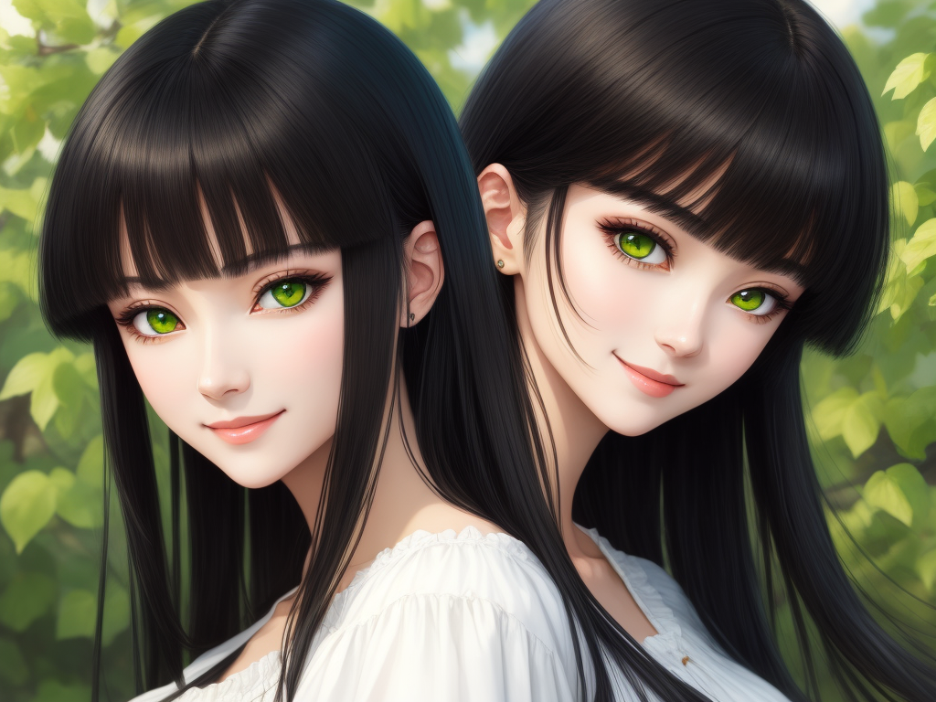 upscale image Anime girl, long black hair with bangs, green