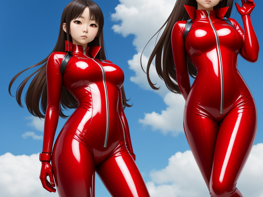 Low quality picture Asian anime girl in red latex suit