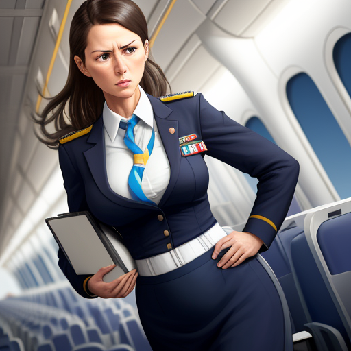 Convert photo: Athletic stewardess woman wearing a open belly