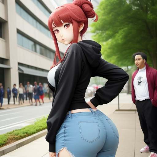 pixel image converter: Big booty anime girl outside with men around her