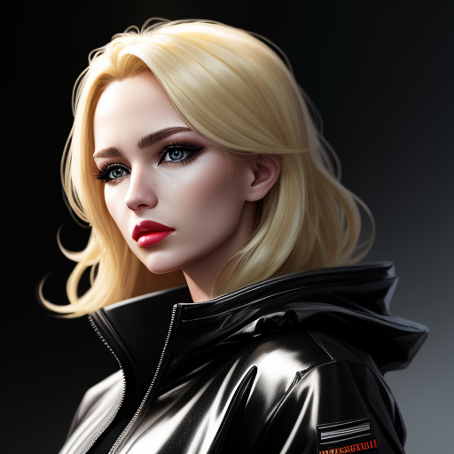 Image format converter: Blond woman in shiny black down jacket on a party