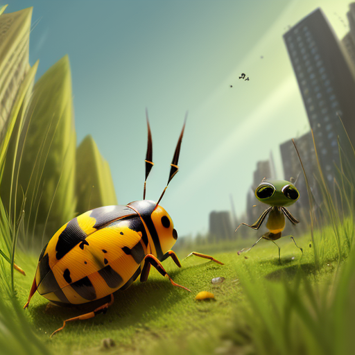 catroon nude shrunk view, tall bombardier beetle attack, green