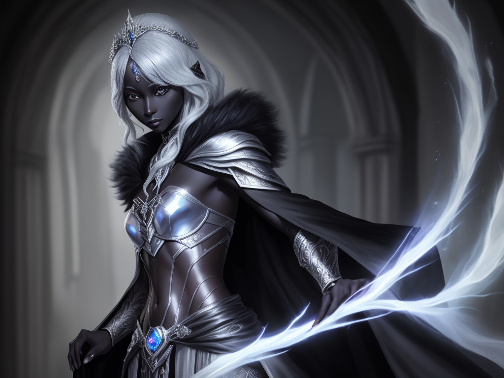 convert picture: 1 solo female drow scholar, black skin, silver