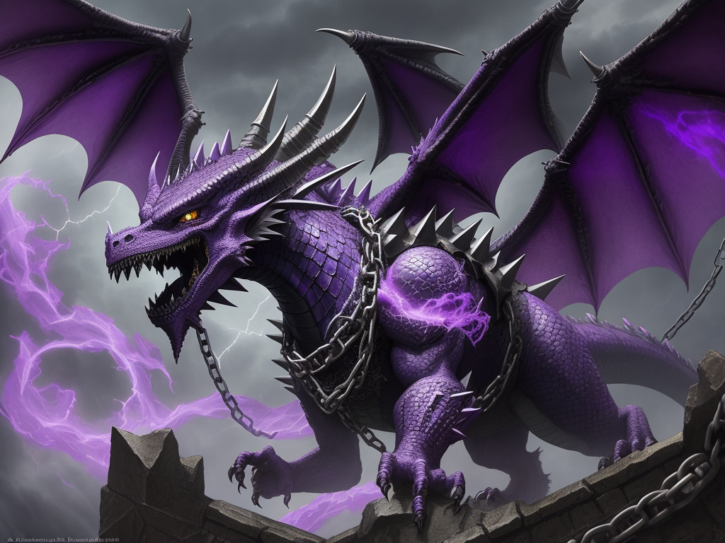 Ai created image: Damaged gargoyle dragon with chains, spikes,