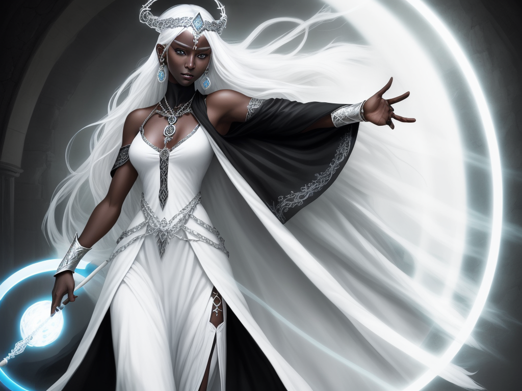 free ai image generator: 1 solo drow, black skin, white hair, full figure,