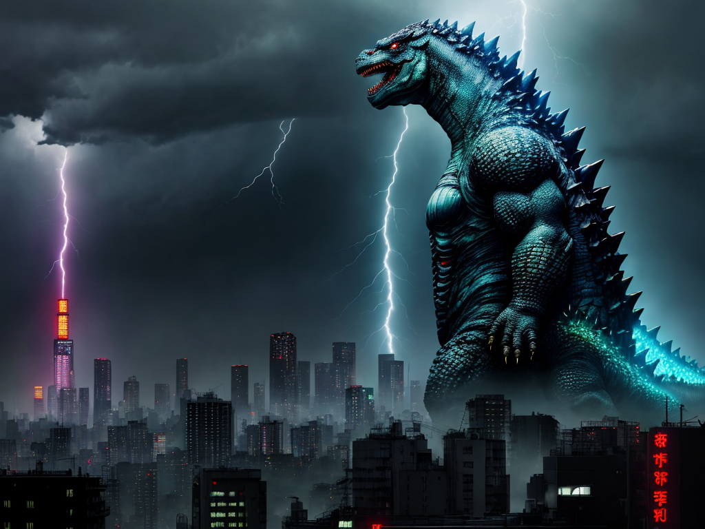 AI Art Generator aus Text godzilla, tokyo, tsunami, thunderstorm, rainy ...