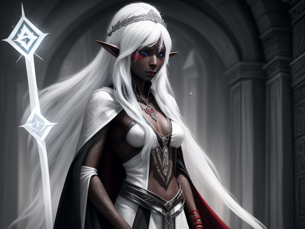 hd photo: 1 solo female drow elf wizard, black skin, white