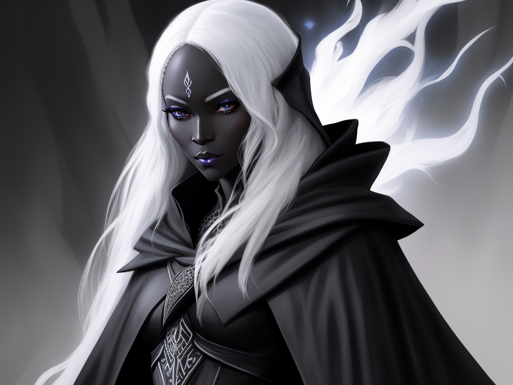 hi-res images: 1 solo female drow, black skin, white hair, full