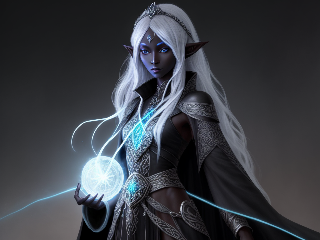 hi res images: 1 solo female drow elf mage, black skin, full